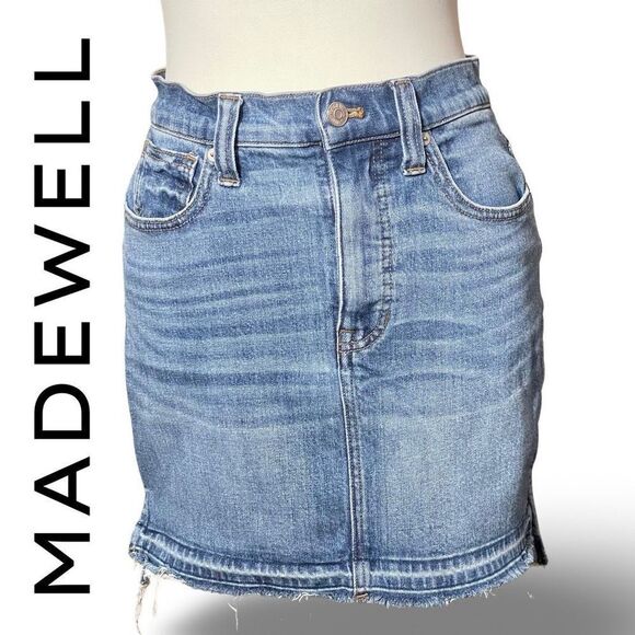 MADEWELL Medium Wash, Distressed Denim Mini Skirt,  Side Slits, Size 25 - Picture 1 of 7